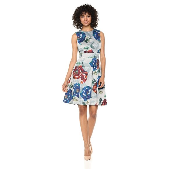 New! CALVIN KLEIN Brocade Floral Fit & Flare Grey Dress, Size 4 - Picture 3 of 14